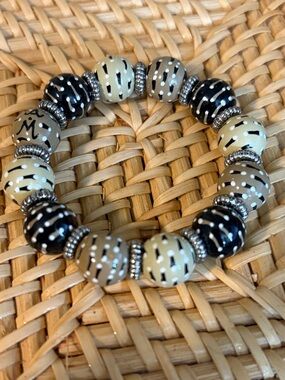 Angela Moore Hand Painted Black & Cream Dotted Bead Stretch Bracelet, Silver